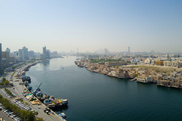 Aerial view on the Dubai creek in old Dubai