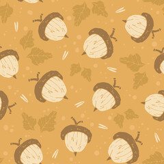 Autumn seamless pattern with acorns and leaves, Fall vector background for invitation, print, postcard, fabric, wrapping paper, wallpaper.