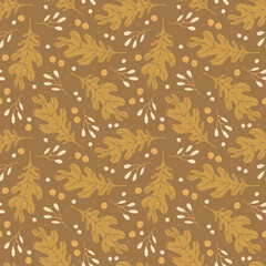 Autumn seamless pattern with oak leaves and berries, Fall vector background for invitation, print, postcard, fabric, wrapping paper, wallpaper.