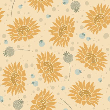 Autumn seamless pattern with sunflowers, Fall vector background for invitation, print, postcard, fabric, wrapping paper, wallpaper.