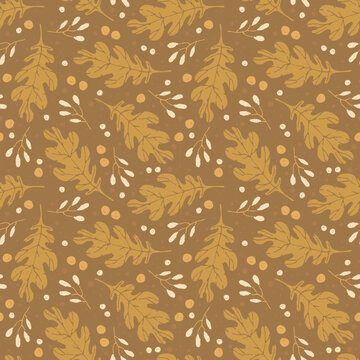 Autumn seamless pattern with oak leaves and berries, Fall vector background for invitation, print, postcard, fabric, wrapping paper, wallpaper.