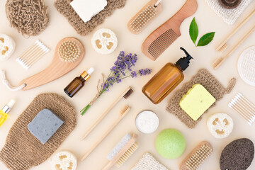Flat lay composition with self-care products and herbal cosmetics for bodycare and skin care....