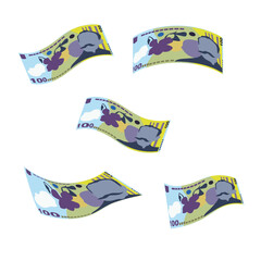 Romanian Leu Vector Illustration. Romania money set bundle banknotes. Falling, flying money 100 RON. Flat style. Isolated on white background. Simple minimal design.