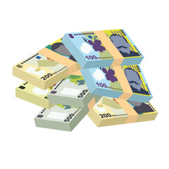 Romanian Leu Vector Illustration. Romania money set bundle banknotes. Paper money 50, 100, 200, 500 RON. Flat style. Isolated on white background. Simple minimal design.
