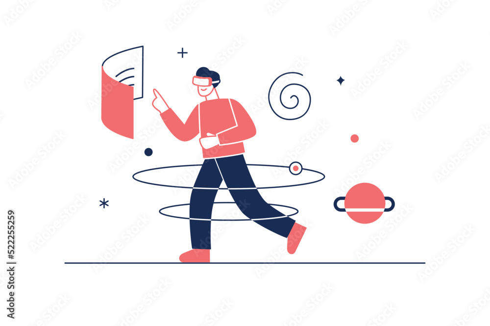 Poster metaverse concept in flat line design with people scene. man in vr glasses working and interacting w