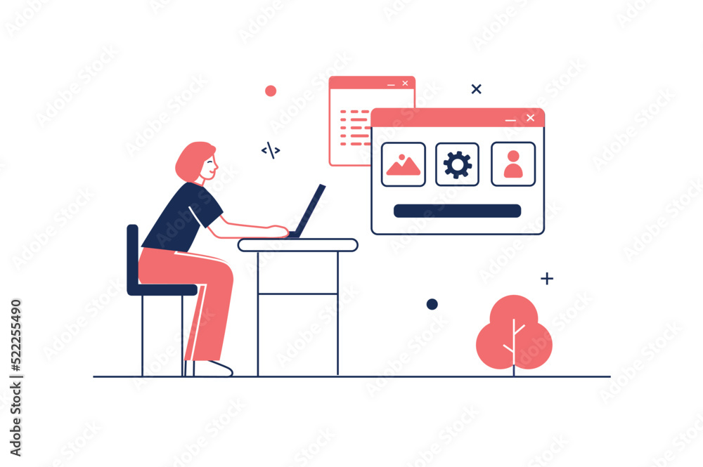 Poster UI UX programming concept in flat line design with people scene. Woman creates user interface layouts, places buttons and optimization for gadgets, develop applications. Vector illustration for web