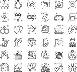 36 of minimal wedding icon set. Bridge,gift, groom, bouquet, church, honeymoon, champagne, couple, heart, car, calendar, cake, invitation, ballon, envelope, photo, camera, dove, love, car