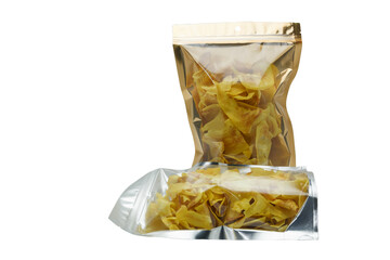 crispy durian in bag on isolated white background .