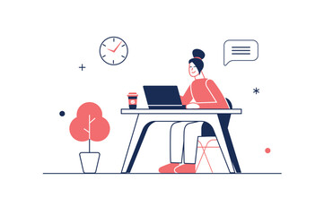 Office worker concept in flat line design with people scene. Woman employee sits at desk and works at laptop, making paperwork and other job tasks, workflow management. Vector illustration for web