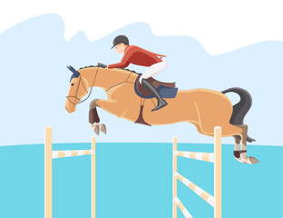 Equestrian sports, show jumping. A rider and a horse overcome obstacles against the background of the sky and the sea