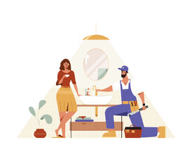 Plumber services flat vector illustration. A man helps a woman install or repair a sink or water tap in a bathroom. 