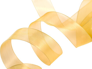 Shiny curled gold foil ribbon for holiday celebration and Christmas cutout on transparent background