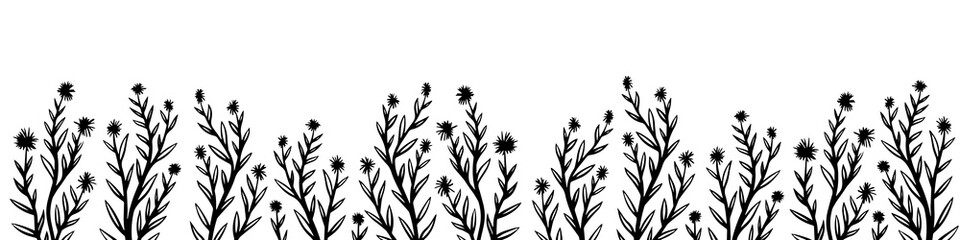 Horizontal border with hand drawn flowers on white background. Vector illustration.
