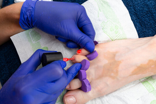 The manicurist paints hybrid toenails red in blue latex gloves.