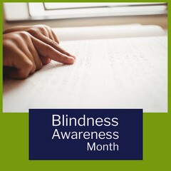 Fototapeta premium Composition of blindness awareness month text over hands reading braille