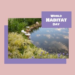 Fototapeta premium Composition of world habitat day text over lake