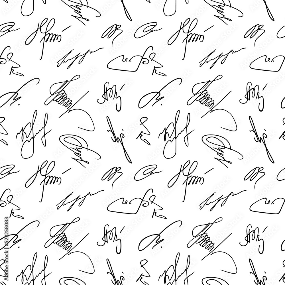 Poster seamless pattern signature. repeated hand drawn autograph. black scrawl signature on white backgroun