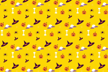 Abstract Halloween pattern decoration on a yellow background. Halloween seamless pattern vector with different elements. Minimal pattern decoration with scary pumpkin and spider.