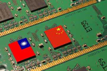 Flag of the Republic of China and Taiwan on microchips over a DDR memory module for Computer. Taiwan manufacturing chip industry emerges as battlefront in U.S. - China showdown.