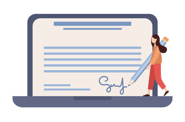 Digital signature concept. Business woman signing electronic business contract on laptop screen. Vector flat illustration 