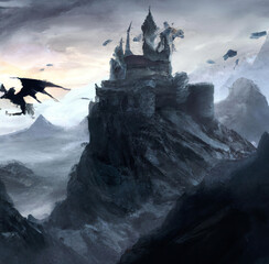 Mystic dark fantasy medieval castle with dragons flying in the sky, rocky landscape. Fantastic world digital art painting. Large resolution poster or canvas print with oil painting realistic imitation