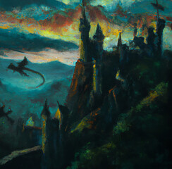 Mystic dark fantasy medieval castle with dragons flying in the sky, rocky landscape. Fantastic world digital art painting. Large resolution poster or canvas print with oil painting realistic imitation