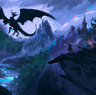 Mystic dark fantasy medieval castle with dragons flying in the sky, rocky landscape. Fantastic world digital art painting. Large resolution poster or canvas print with oil painting realistic imitation