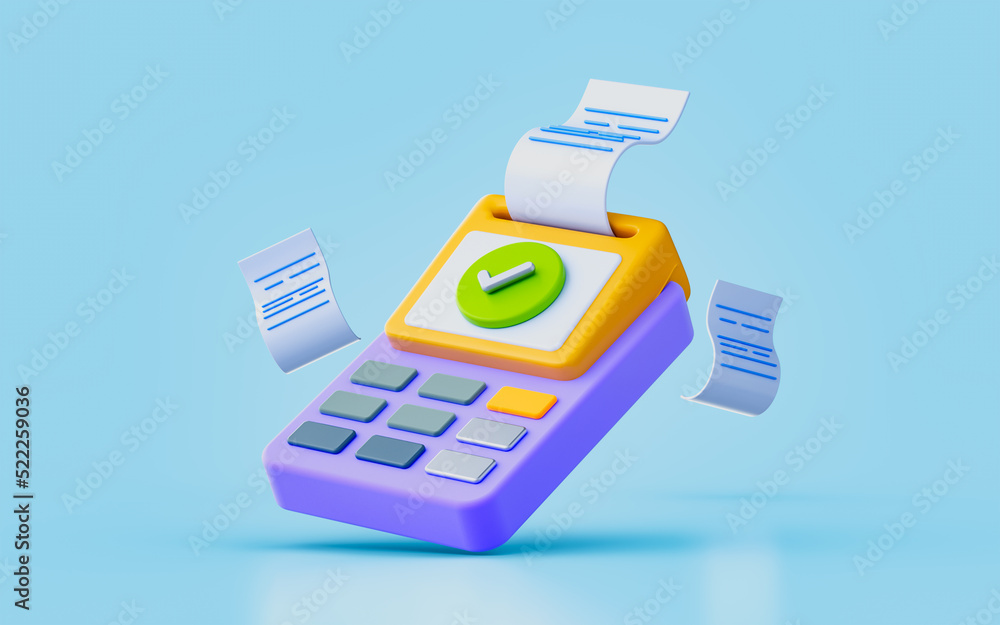 Poster pos terminal sing with checkmark 3d render concept for product payment completely done