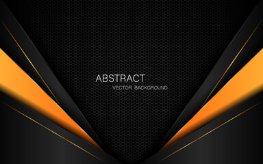 Abstract black and orange polygon with golden glow lines overlaid on dark steel mesh background with free space for design.	