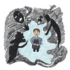 child's drawing of a boy surrounded by his fears, a traumatized child