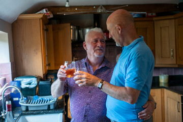 Senior male couple raising toast in kitchen