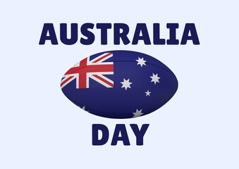 Fototapeta premium Composition of australia day text over rugby ball with flag of australia on blue backgorund