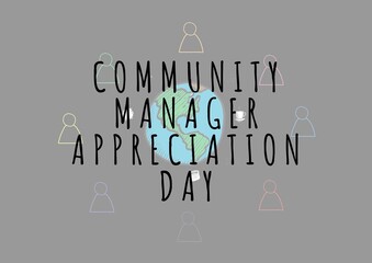 Composition of community manager appreciation day text over icons on grey backgorund