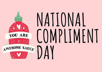 Composition of national compliment day text with bootle icon on pink backgorund - obrazy, fototapety, plakaty