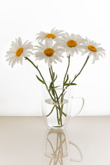 Still life with a beautiful bouquet of white chamomile flowers, a bouquet of white daisies in a vase on the table, flowers in the interior, a bouquet for mother's day, birthday