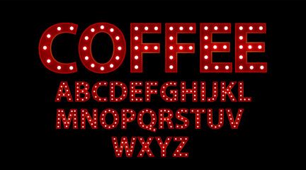 Coffee word. Red letters with luminous glowing lightbulbs. Vector typography words design. Template type font for poster.
