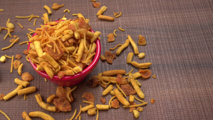 Indian Snacks, Traditional Indian deep fried salty dish called chivda or mixture or farsan made of...