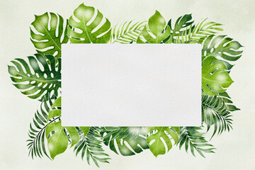 natural frame watercolor background in green with leaf border on white watercolor background