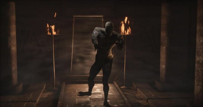 Animation of scary zombie mummy walking around in dark crypt room with burning torches