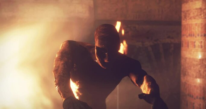 Animation of scary zombie mummy walking around in dark crypt room with burning torches