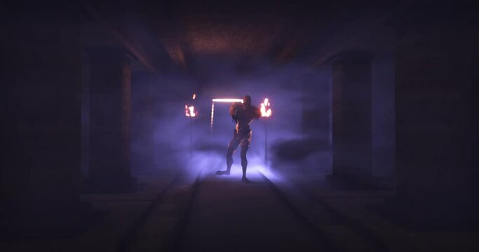 Animation of scary zombie mummy walking around in dark crypt room with burning torches