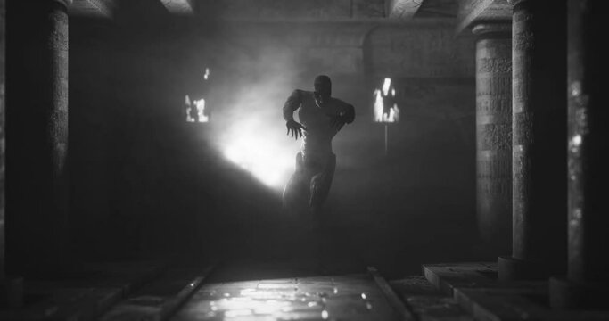 Animation of scary zombie mummy walking in dark crypt with burning torches, in black and white