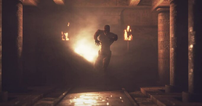 Animation of scary zombie mummy walking around in dark crypt room with burning torches