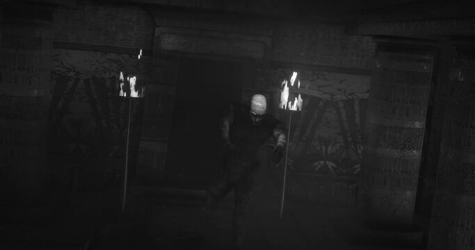 Animation of scary zombie mummy walking in dark crypt with burning torches, in black and white