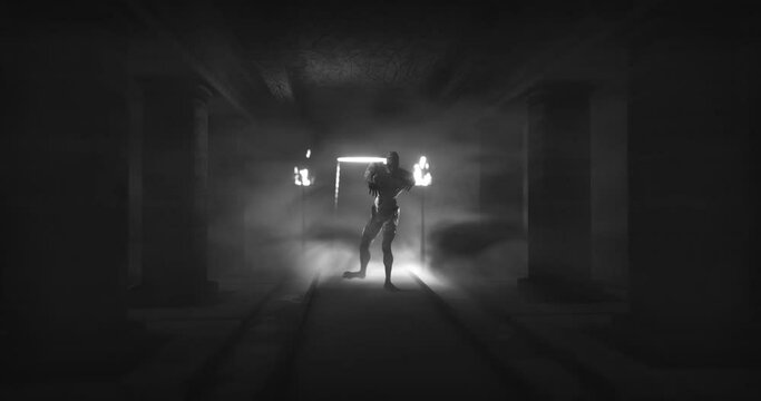 Animation of scary zombie mummy walking in dark crypt with burning torches, in black and white
