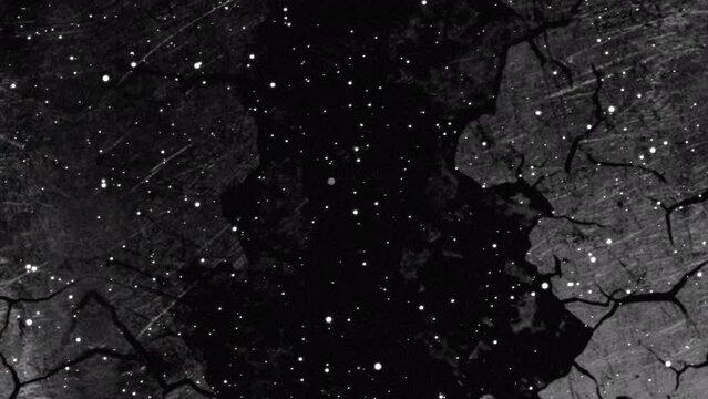 Animation of shooting stars and rain over tree silhouettes on night sky, black and white