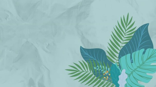 Animation of tropical green and blue plant leaves over moving grey textured background