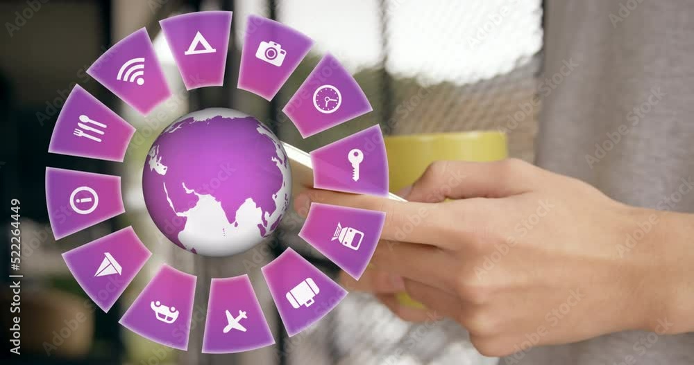 Aufkleber animation of travel icons with globe and caucasian man using smartphone in background