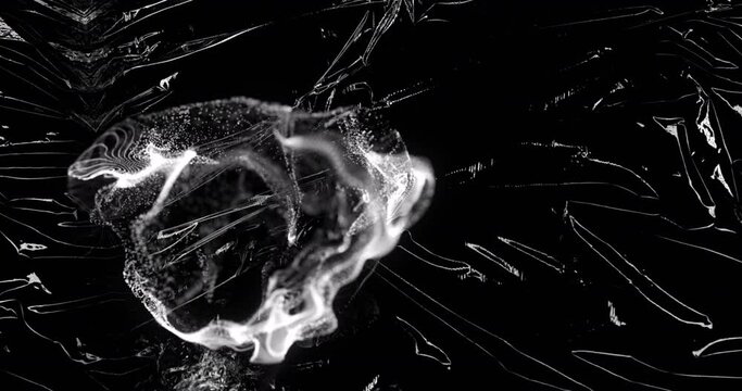 Animation grey ring of smoke over light on moving shiny black plastic