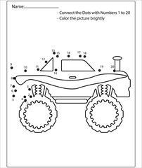 Connect the dot and color Monster Truck game for preschool kids with simple educational gaming level. © Funnyarti